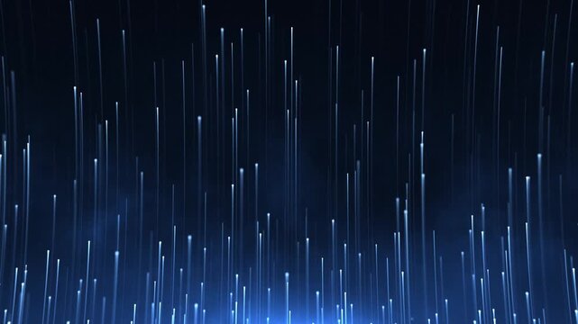 Futuristic digital animation with blue data node particles and fiber optic light beams against a dark atmospheric background. Streaming cyber technology concept.