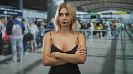 Fototapeta premium Young blonde woman with arms crossed and visible cleavage at a busy airport terminal check in queue; impatience travel stress.