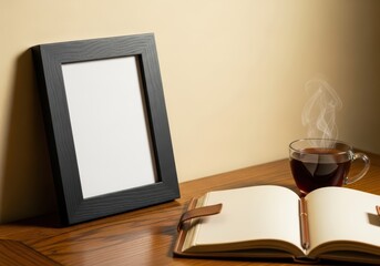 Fototapeta premium Empty black picture frame next to an open journal and steaming cup of tea