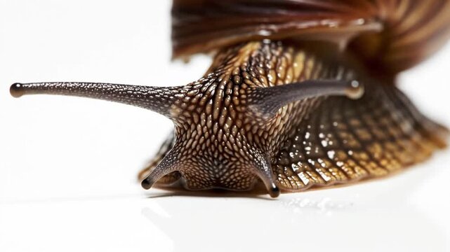 Close-up of a slow snail with dark brown patterned shell and textured body crawling on a bright white surface