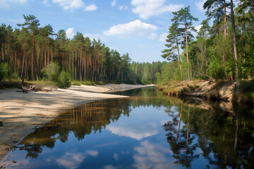 Obraz premium A calm river reflects a dense green pine forest under a clear blue sky. Summer landscape, peaceful nature, scenic riverside, forest environment.
