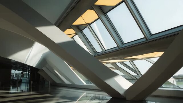 Contemporary interior with bold geometric lines, glossy reflective floors and large skylights flooding the empty minimalist hall with bright natural light and dynamic shadows