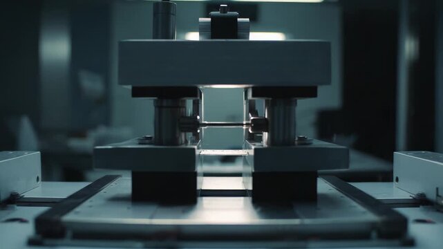 Precision laboratory equipment, designed for engineering research and quality control, performing a material sample test to measure durability and structural integrity in a manufacturing setting