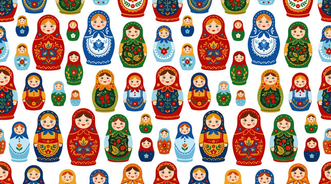 A continuous design featuring hand‑made Russian folk nesting dolls, set against a backdrop of matryoshkas in various sizes, rendered in flat, vibrant colors suitable for wrapping paper, textiles, and