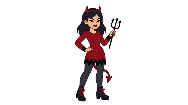 A seductive devil girl in a scorching Halloween outfit, heels and horns, exudes a young, sassy vibe in hell party attire, showcasing a wickedly beautiful female character in a flat vector