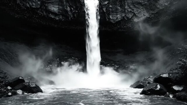 Powerful Black and White Waterfall Cascading into a Rocky Pool with Misty Vapor Effect