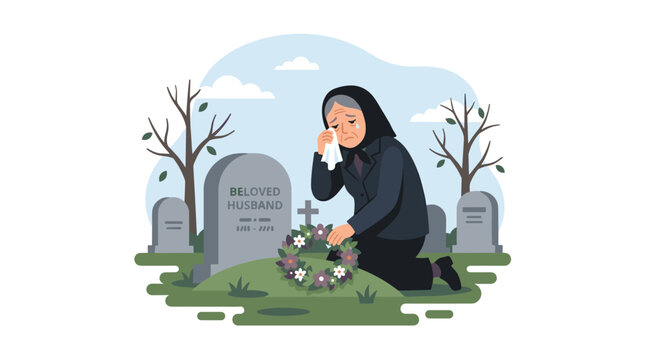 An elderly woman, sorrowful and wearing mourning attire, weeps beside a grave marked by a headstone and wreath. The grieving widow laments in the cemetery. The illustration is a vibrant vector in a