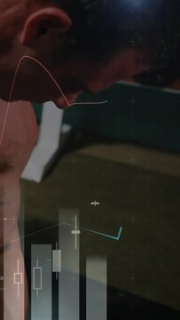 Vertical video: Hand grasping weight, man doing row for muscle while finance chart overlaying frame