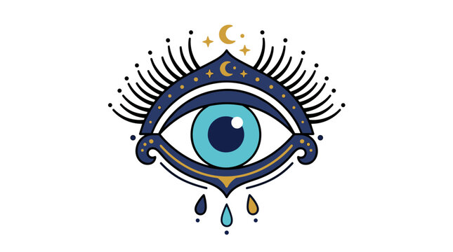 A mystical evil eye featuring eyelashes, an esoteric sacred eyeball with a mysterious aura, an ancient spiritual emblem rendered in contemporary doodle style, presented as a colored flat vector image