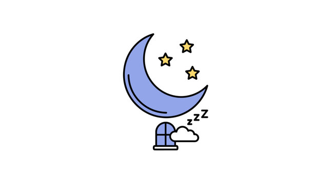 A minimalist line‑art icon featuring a half‑moon or waning crescent, representing night and bedtime, presented as a flat, contoured vector image set against a white background