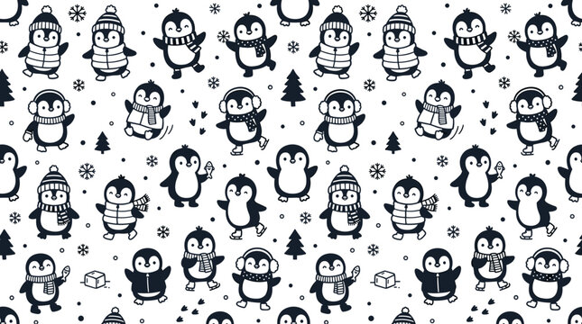 A monochrome, seamless pattern featuring adorable baby penguins wearing assorted winter outfits against a white backdrop, ideal for wallpaper, fabric prints, or backdrops