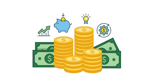 Stacks of coins, gold money, and cash. Bonus, profit, savings, and investment depicted as a finance concept icon. A pile of dollar cents for payment and deposit. A flat vector illustration isolated