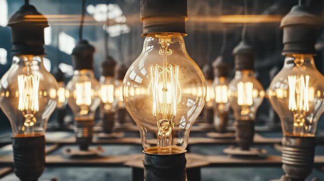 Close up push in shot of glowing vintage Edison light bulbs illuminating in a dark industrial factory setting with soft light and bokeh effect