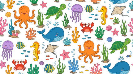 Obraz premium A continuous pattern featuring whimsical marine animals and underwater creatures inhabiting the ocean, set against a white background, rendered as a flat cartoon vector suitable for fabric, wrapping