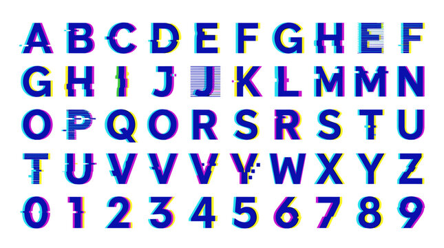 A white background displays the Latin alphabet in a modern vector style, with letters sorted alphabetically and numbers rendered with a video glitch, electronic distortion, and cyber crash effect