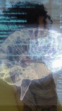 Turning woman wearing knit sweater brushing hair at home, holo brain and cyan code tracking head