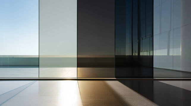 Smart glass window panels showing electrochromic tinting transitions.