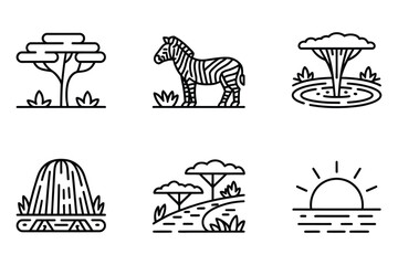 Fototapeta premium African safari icons - zebra, acacia tree, sun