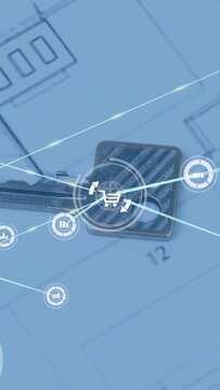 Resting metallic house key occupying center on desk blueprint, HUD cart icon pulsing