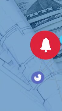 Floating app icons linking to rolled blueprints over US bills on studio tabletop, metal keys