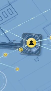 Vertical video: Central user node pulsing, sending lines as key shifting, nodes forming network map