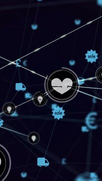 Vertical video: Panning core heart HUD pulsing and linking trucks, sale badges in network for data