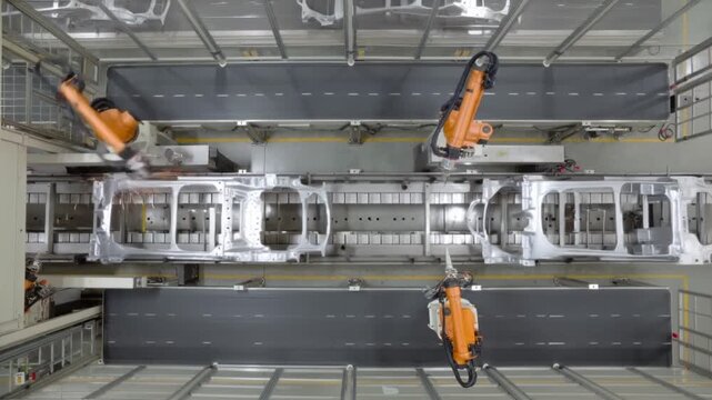 Automobile Frame Welding Robots Operate. Robots Expertly Join Vehicle Chassis Components. Automated Robotic Systems Meticulously Assemble Vehicle Structures At Rapid Manufacturing Pace