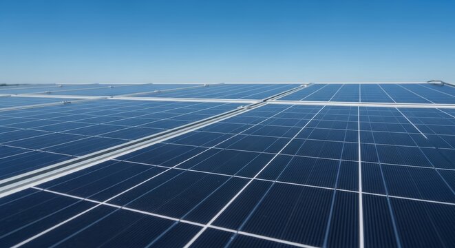 Expansive solar panel array under clear blue sky on sunny day