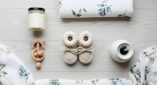 Symmetrical Flat Lay of Aesthetic Baby Preparation Items, Nurturing Maternity Concept