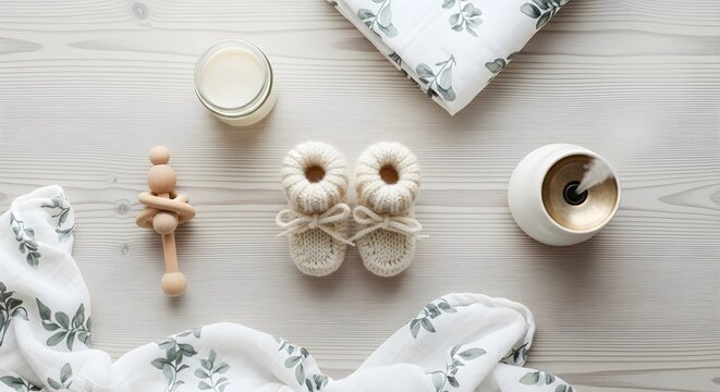 Symmetrical Flat Lay of Aesthetic Baby Preparation Items, Nurturing Maternity Concept