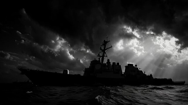 iran war maritime security concept, powerful warship silhouette against stormy gulf horizon, high contrast lighting, impactful commercial news illustration, Dark clouds loom over a solitary warship 