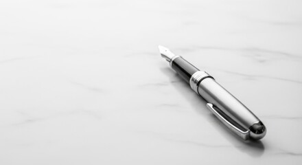 Fototapeta premium Elegant silver fountain pen on marble desk surface