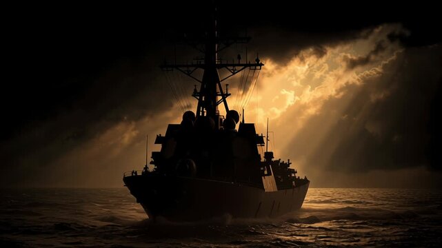 iran war maritime security concept, powerful warship silhouette against stormy gulf horizon, high contrast lighting, impactful commercial news illustration, Silhouetted warship cuts through stormy sea