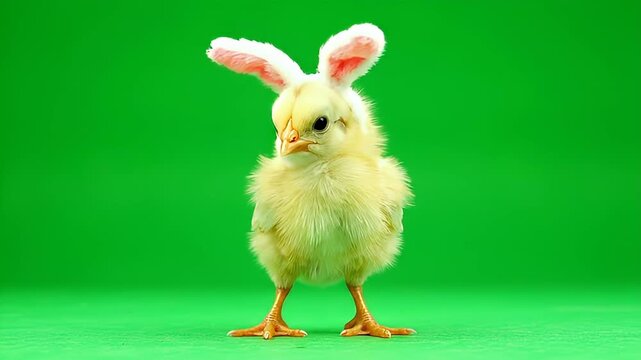 Tiny chick with bunny ears standing on green screen against bright green background