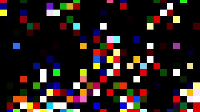 Digital texture of scattered multicolored square pixels randomly distributed across pure black background, creating high-contrast chaotic noise pattern, 4K