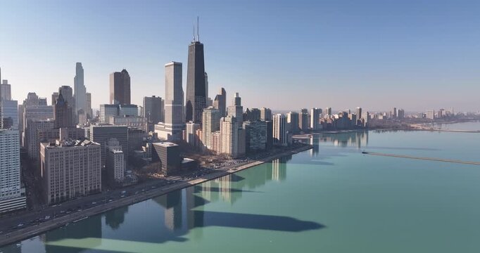  Aerial Drone View of Chicago Skyline and Lake Shore Drive Along Lake Michigan on a Clear Sunny Winter Day &ndash; February 26, 2026