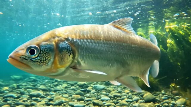 Underwater view of the illisha hilsa fish swimming in a freshwater habitat with clear blue water
