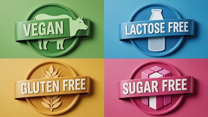 Obraz premium Comprehensive Dietary Label Set Featuring Vegan, Lactose Free, Gluten Free, and Sugar Free Icons for Food Packaging and Restaurant Menu Design