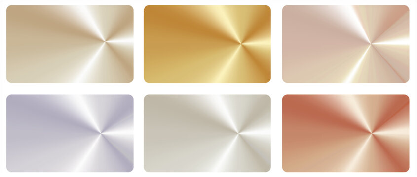 Collection of metallic radial gradients featuring glossy polished steel, gold,silver,mother-of-pearl and copper in circular textures.A card template with shiny vector backgrounds for modern branding