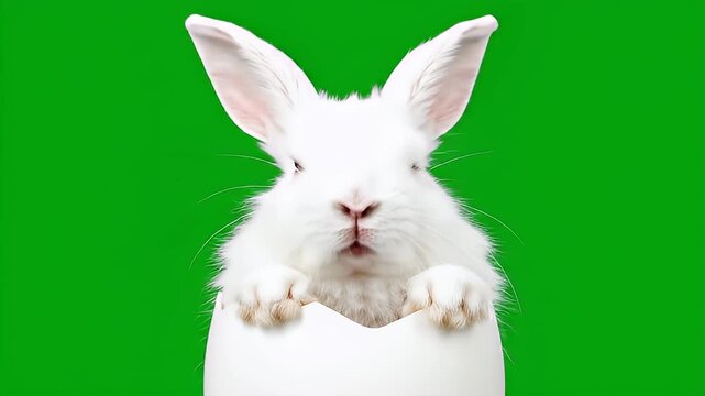 White rabbit peeking out from egg on green screen background