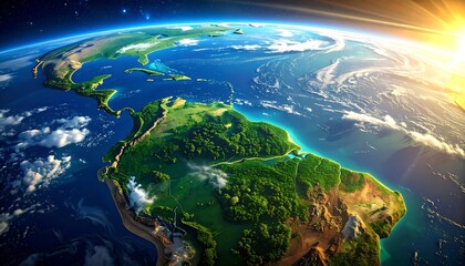 Fototapeta premium Aerial view of Earth, highlighting continents, oceans, and atmospheric conditions