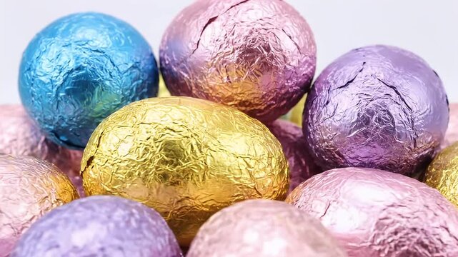 Shiny colorful Easter eggs wrapped in foil pile on white background