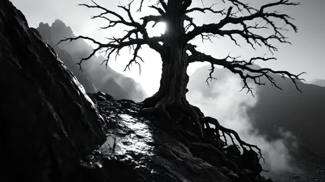 Epic and Atmospheric Black and White Scene of a Weathered Tree Standing on a Rocky Cliffside Surrounded by Mountains and Fog