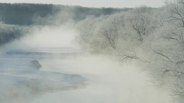 雪裡川の気嵐と霧氷