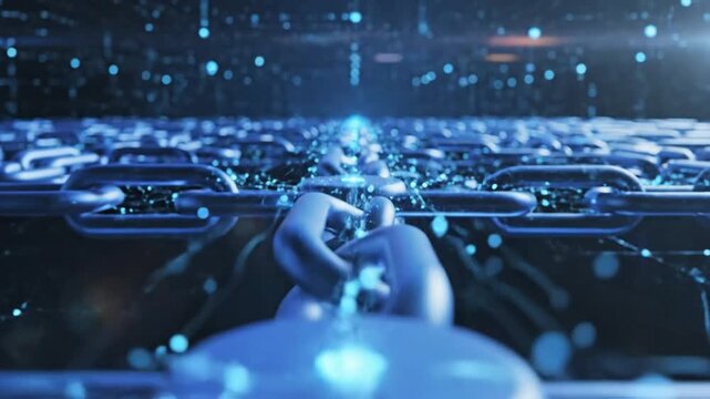 Futuristic Blockchain Chain with Glowing Blue Links and Data Connection Flowing Across a Digital Network