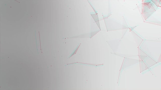 Futuristic abstract network of glowing points and connecting lines with glitch effect on a gray gradient background, symbolizing digital connection and modern technology. 4K