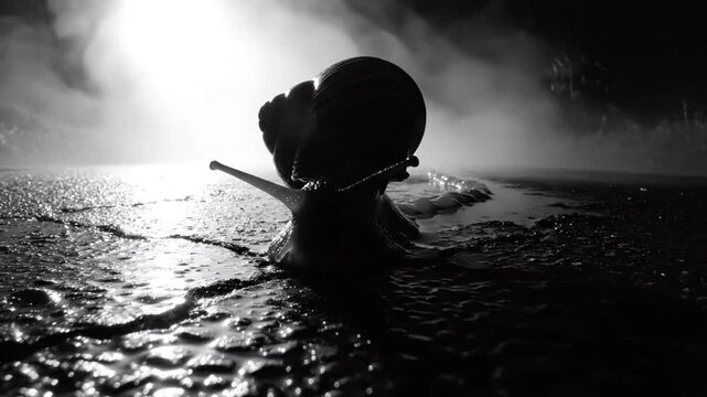 Mysterious snail slowly traversing wet asphalt road with atmospheric fog in striking black and white