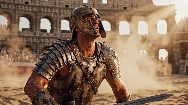 Roman gladiator in armor with sword kneels in dusty arena, Colosseum background, historical combat