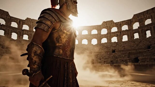 Roman Gladiator Standing in Arena with Sword, Ancient Ruins Background, Epic Sun Flare