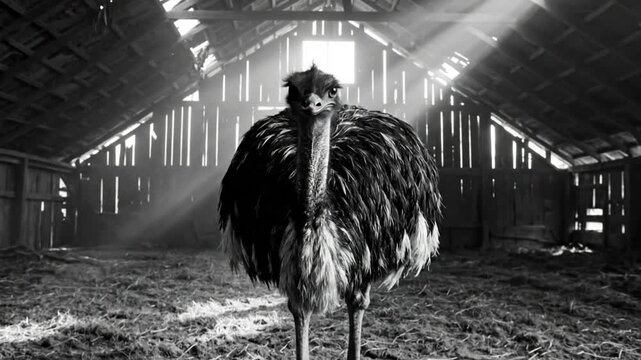 Dramatic black and white close-up of an emu inside a rustic barn with natural sunlight shining through.